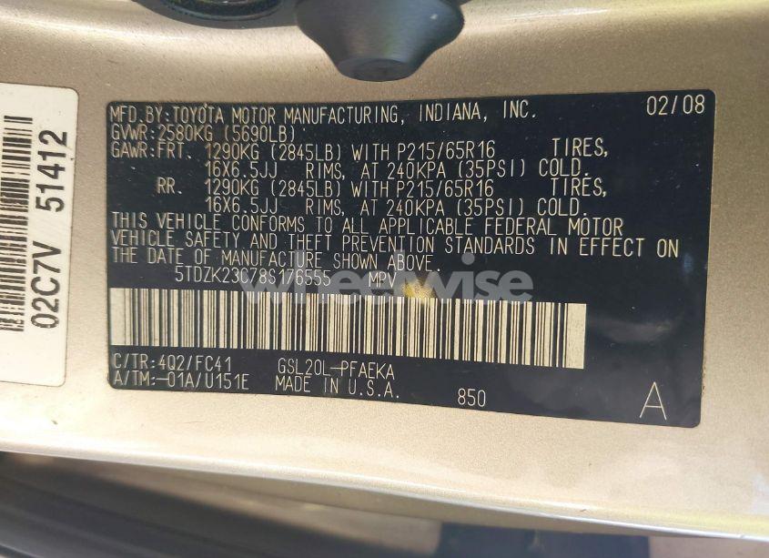 Photo 9 of 2008 Toyota Sienna LE (VIN 5TDZK23C78S176555)