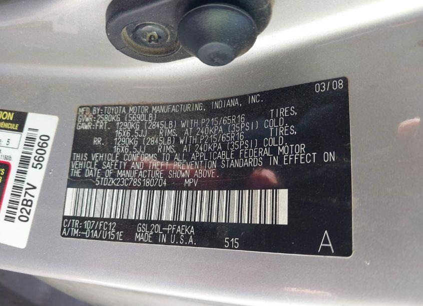 Photo 9 of 2008 Toyota Sienna LE (VIN 5TDZK23C78S180704)