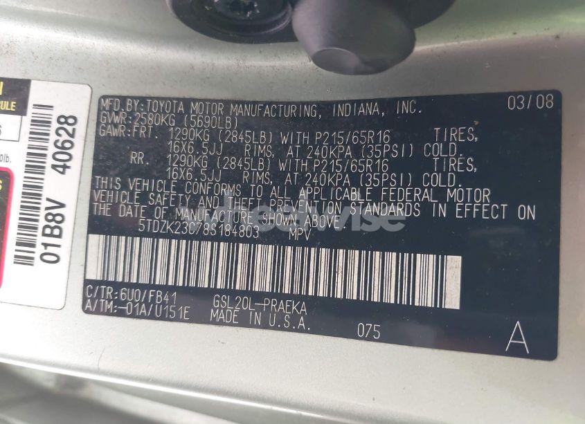 Photo 9 of 2008 Toyota Sienna CE/LE (VIN 5TDZK23C78S184803)