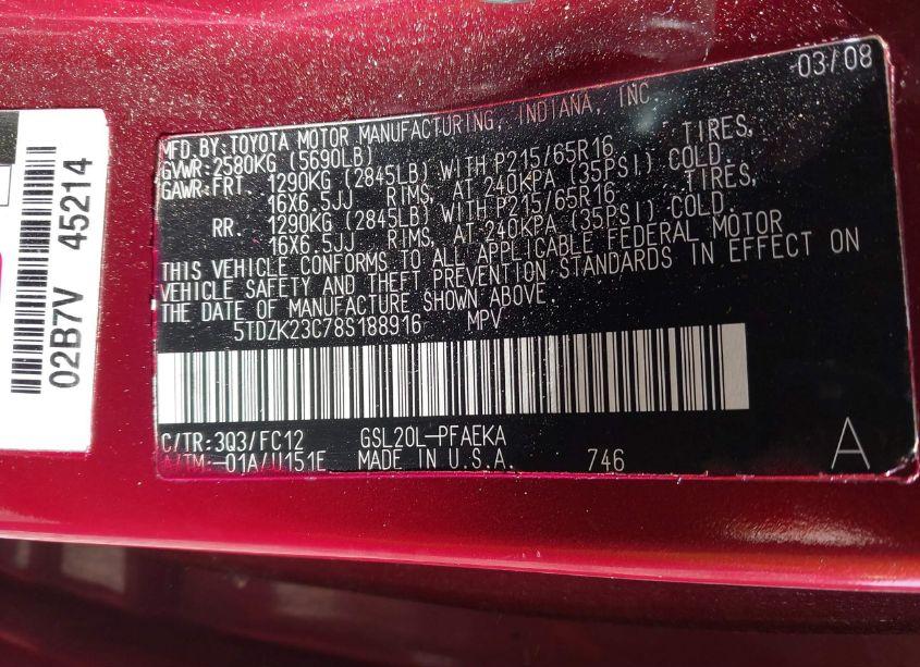 Photo 9 of 2008 Toyota Sienna LE (VIN 5TDZK23C78S188916)