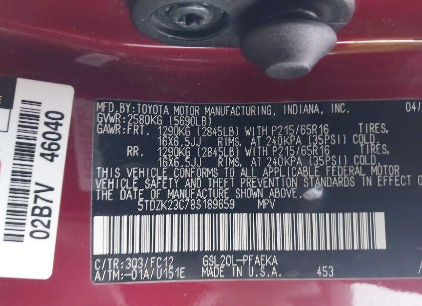 Photo 9 of 2008 Toyota Sienna LE (VIN 5TDZK23C78S189659)