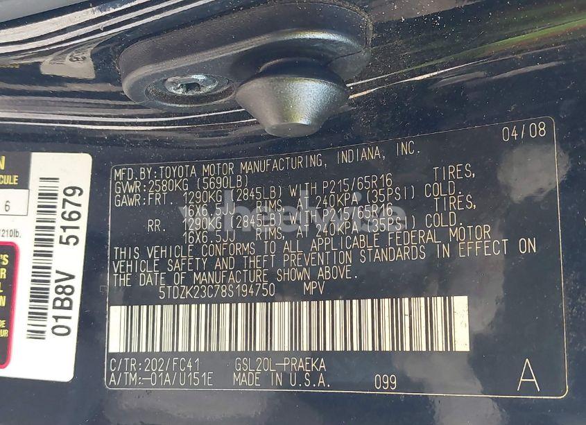 Photo 9 of 2008 Toyota Sienna LE (VIN 5TDZK23C78S194750)