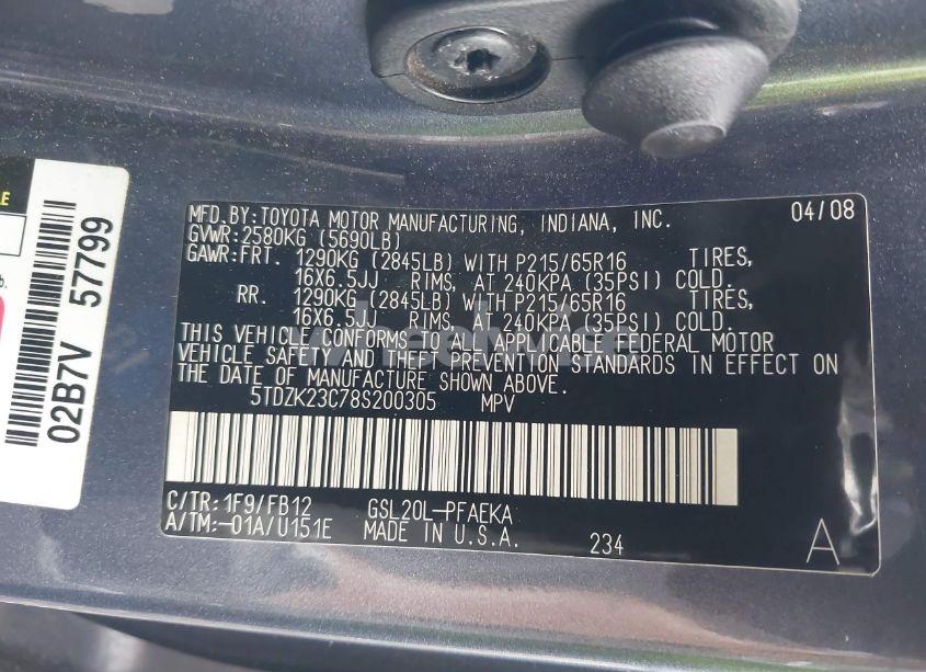 Photo 9 of 2008 Toyota Sienna CE (VIN 5TDZK23C78S200305)