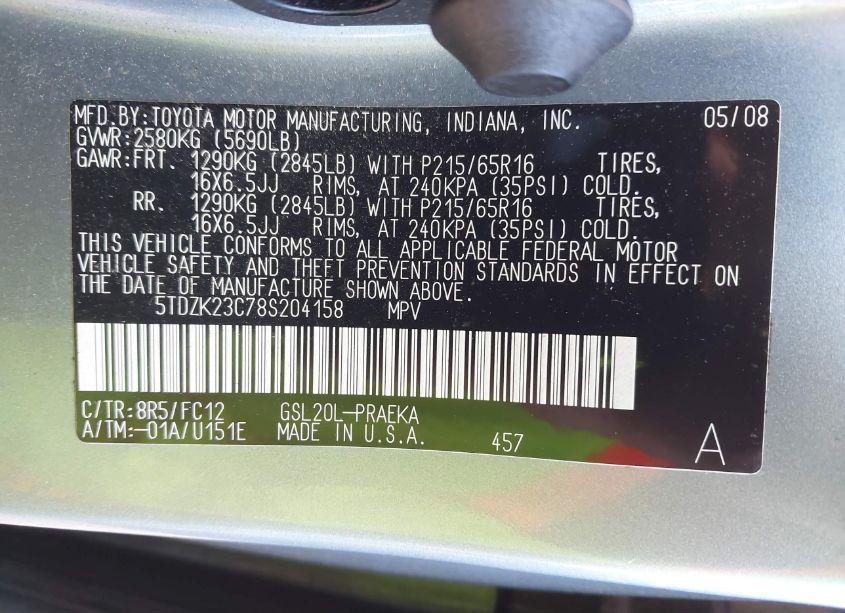 Photo 9 of 2008 Toyota Sienna LE (VIN 5TDZK23C78S204158)