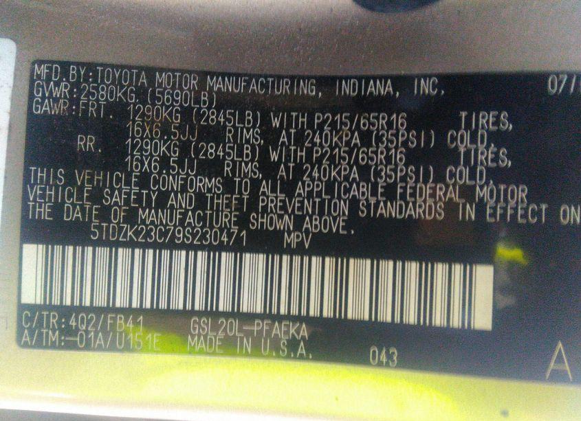 Photo 9 of 2009 Toyota Sienna CE (VIN 5TDZK23C79S230471)