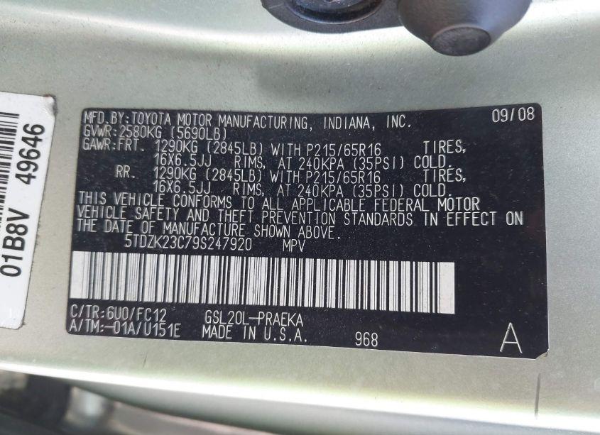 Photo 9 of 2009 Toyota Sienna LE (VIN 5TDZK23C79S247920)