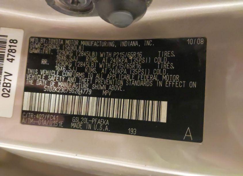 Photo 9 of 2009 Toyota Sienna LE (VIN 5TDZK23C79S264779)