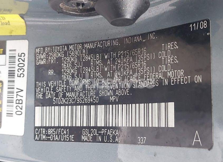 Photo 9 of 2009 Toyota Sienna LE (VIN 5TDZK23C79S269450)