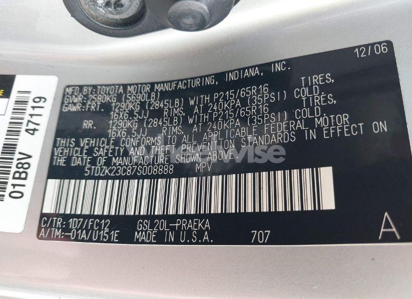 Photo 9 of 2007 Toyota Sienna LE (VIN 5TDZK23C87S008888)