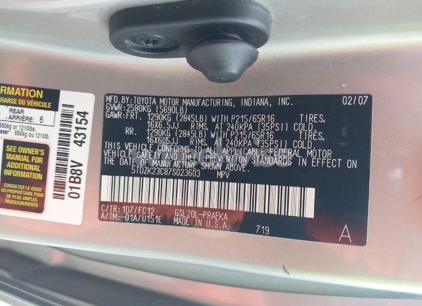 Photo 9 of 2007 Toyota Sienna LE (VIN 5TDZK23C87S023603)