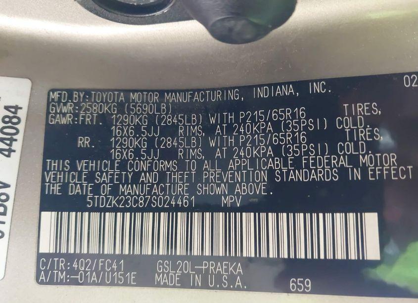 Photo 9 of 2007 Toyota Sienna LE (VIN 5TDZK23C87S024461)