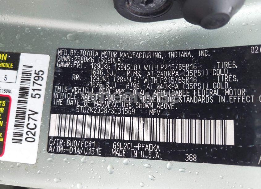 Photo 9 of 2007 Toyota Sienna LE (VIN 5TDZK23C87S031569)