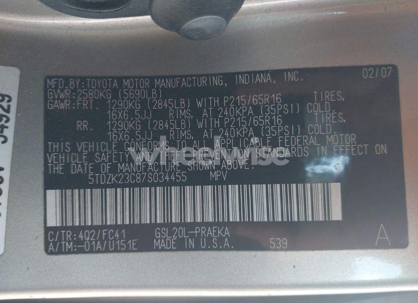 Photo 9 of 2007 Toyota Sienna LE (VIN 5TDZK23C87S034455)