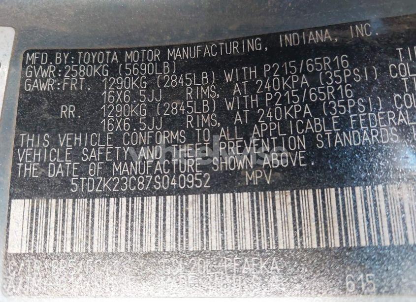 Photo 9 of 2007 Toyota Sienna LE (VIN 5TDZK23C87S040952)