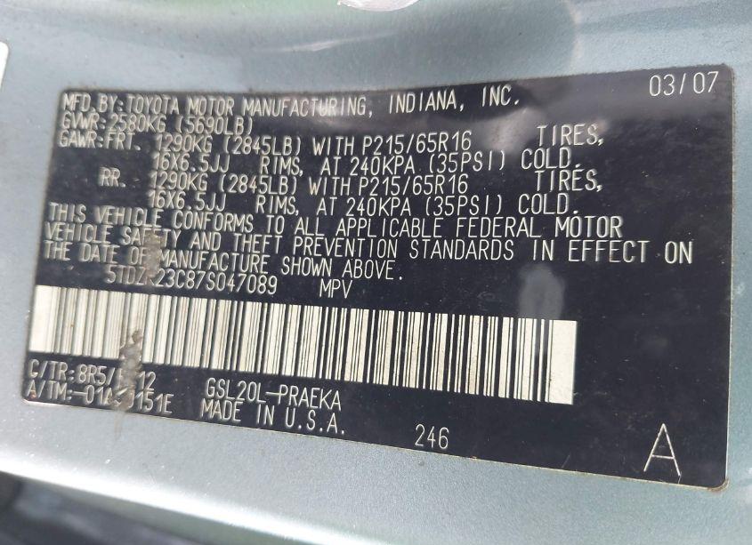 Photo 9 of 2007 Toyota Sienna LE (VIN 5TDZK23C87S047089)