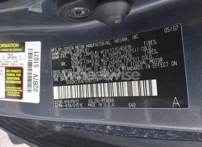 Photo 9 of 2007 Toyota Sienna CE (VIN 5TDZK23C87S067374)