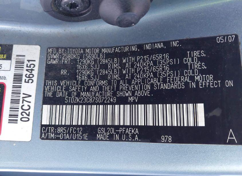 Photo 9 of 2007 Toyota Sienna LE (VIN 5TDZK23C87S072249)