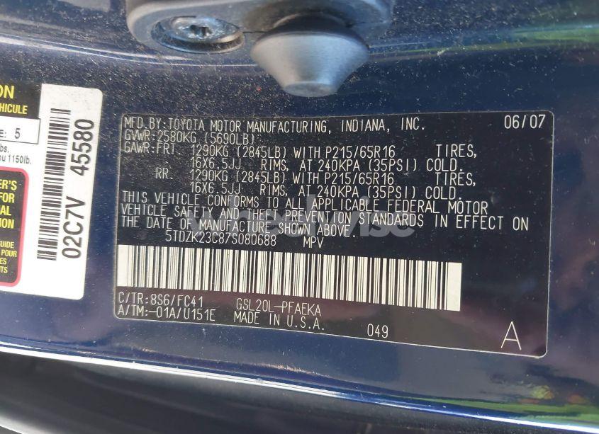 Photo 9 of 2007 Toyota Sienna LE (VIN 5TDZK23C87S080688)