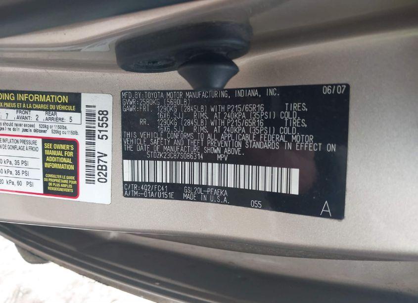 Photo 9 of 2007 Toyota Sienna LE (VIN 5TDZK23C87S086314)
