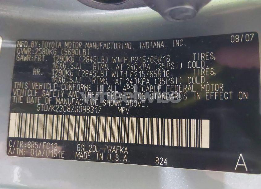 Photo 9 of 2007 Toyota Sienna LE (VIN 5TDZK23C87S098317)