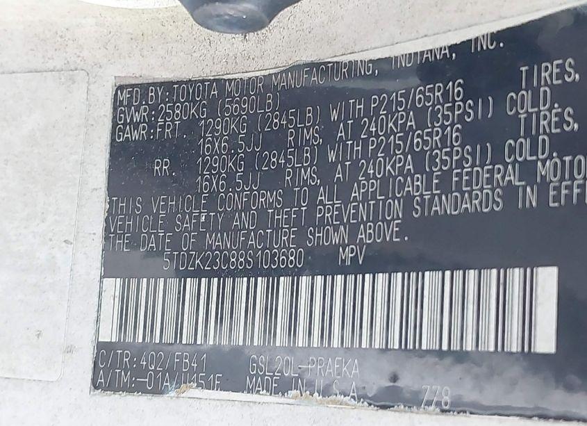 Photo 9 of 2008 Toyota Sienna CE (VIN 5TDZK23C88S103680)