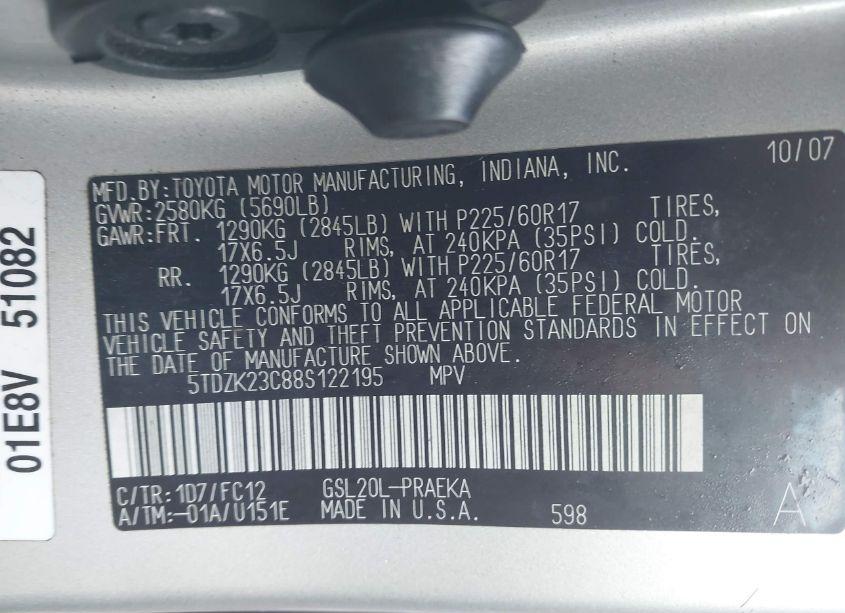 Photo 9 of 2008 Toyota Sienna LE (VIN 5TDZK23C88S122195)
