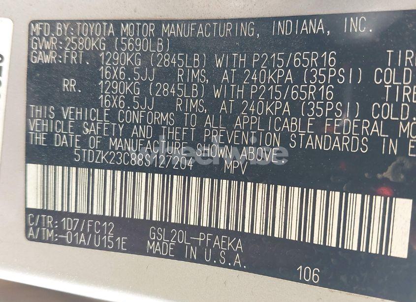 Photo 9 of 2008 Toyota Sienna LE (VIN 5TDZK23C88S127204)