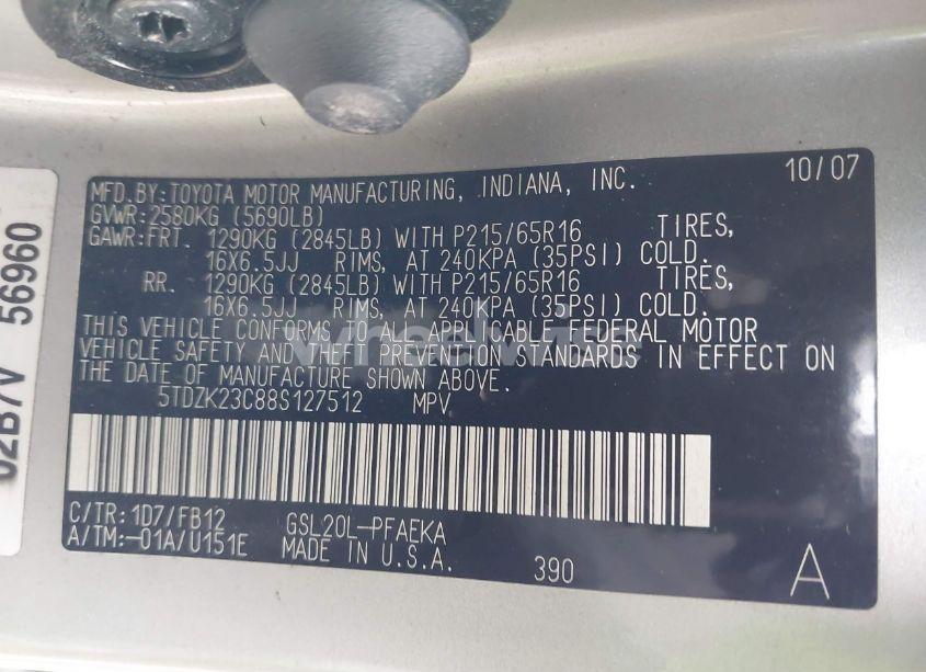Photo 9 of 2008 Toyota Sienna CE (VIN 5TDZK23C88S127512)