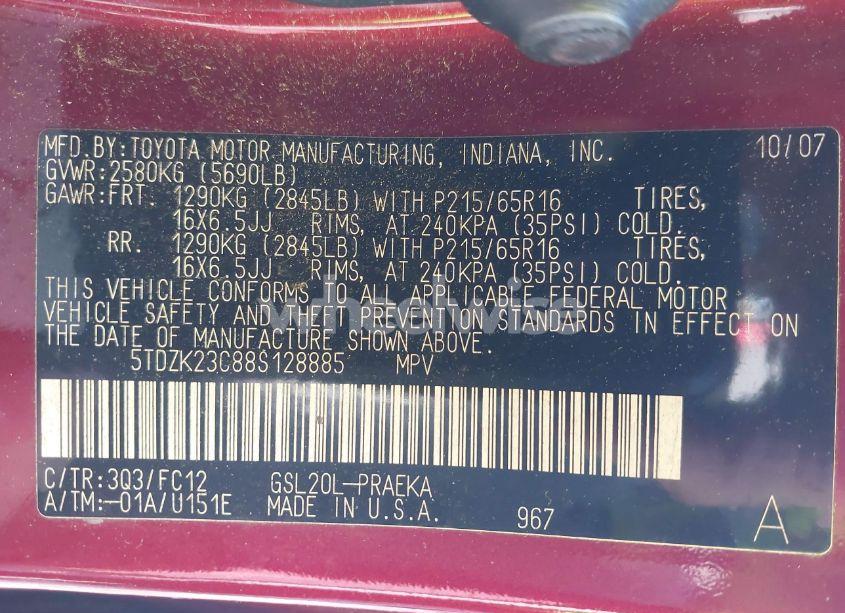 Photo 9 of 2008 Toyota Sienna LE (VIN 5TDZK23C88S128885)