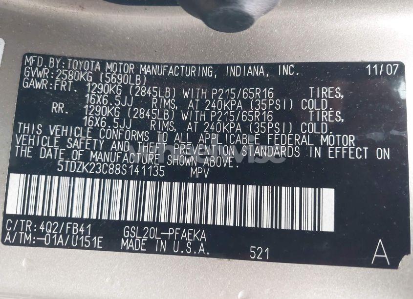 Photo 9 of 2008 Toyota Sienna CE (VIN 5TDZK23C88S141135)