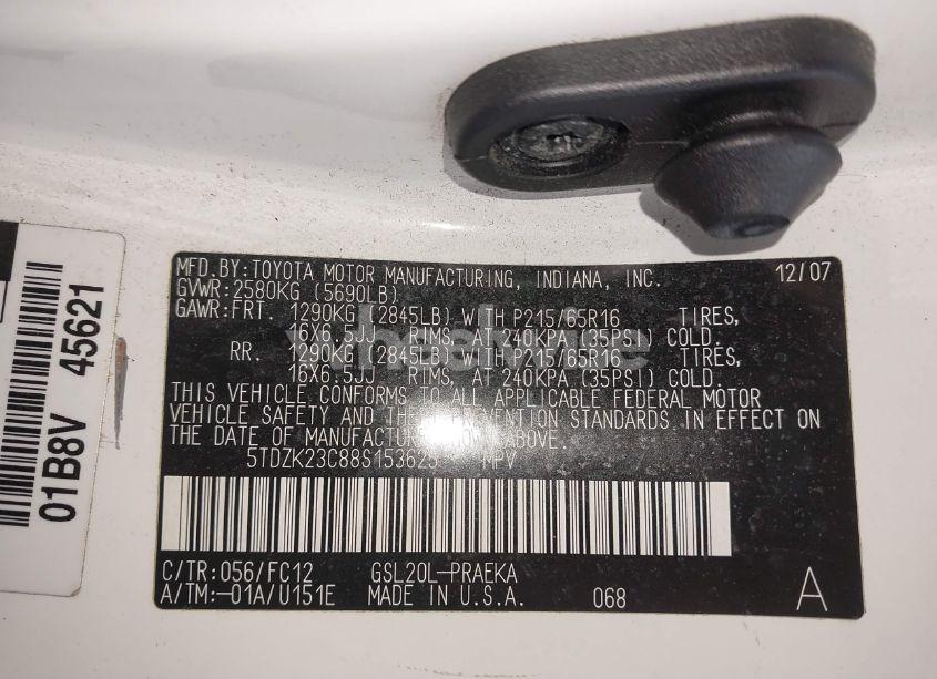 Photo 9 of 2008 Toyota Sienna LE (VIN 5TDZK23C88S153625)