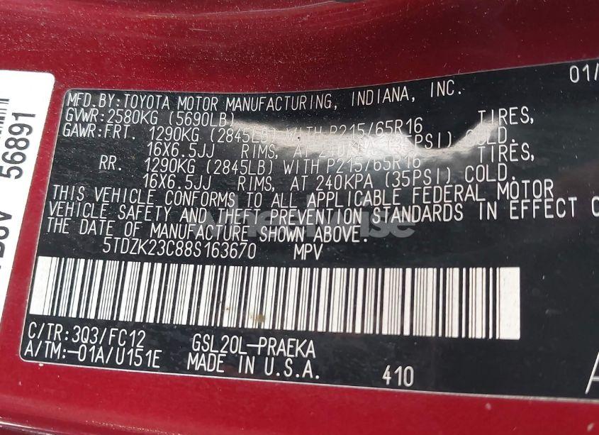 Photo 9 of 2008 Toyota Sienna LE (VIN 5TDZK23C88S163670)