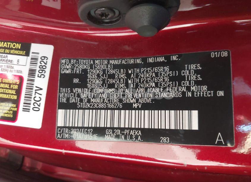 Photo 9 of 2008 Toyota Sienna LE (VIN 5TDZK23C88S166276)