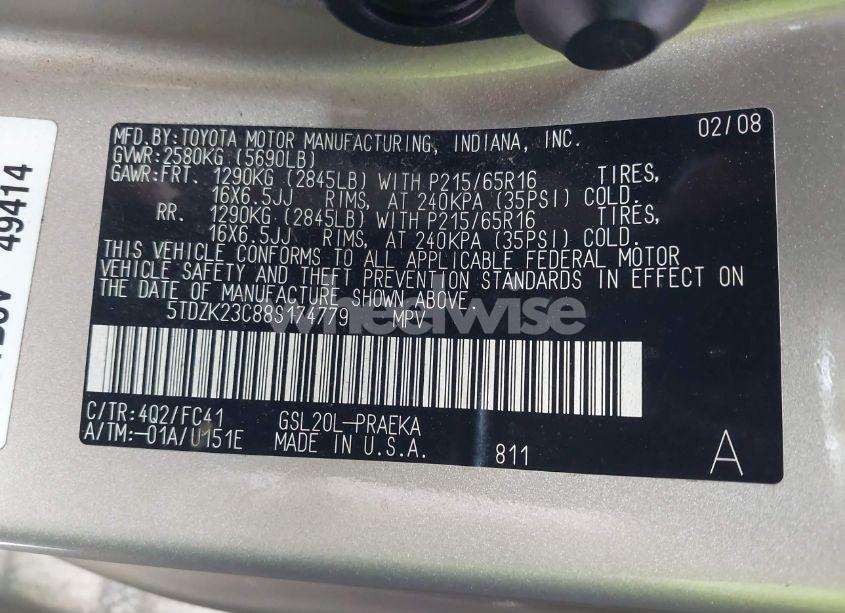 Photo 9 of 2008 Toyota Sienna LE (VIN 5TDZK23C88S174779)