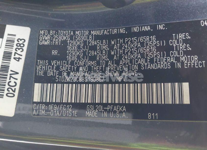 Photo 9 of 2008 Toyota Sienna LE (VIN 5TDZK23C88S190867)