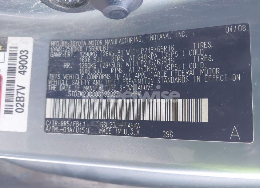 Photo 9 of 2008 Toyota Sienna CE (VIN 5TDZK23C88S192327)