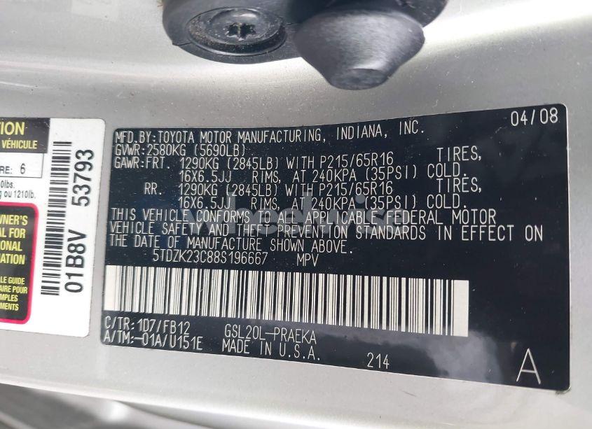 Photo 9 of 2008 Toyota Sienna CE (VIN 5TDZK23C88S196667)