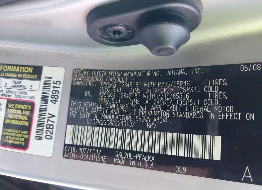 Photo 9 of 2008 Toyota Sienna LE (VIN 5TDZK23C88S210437)