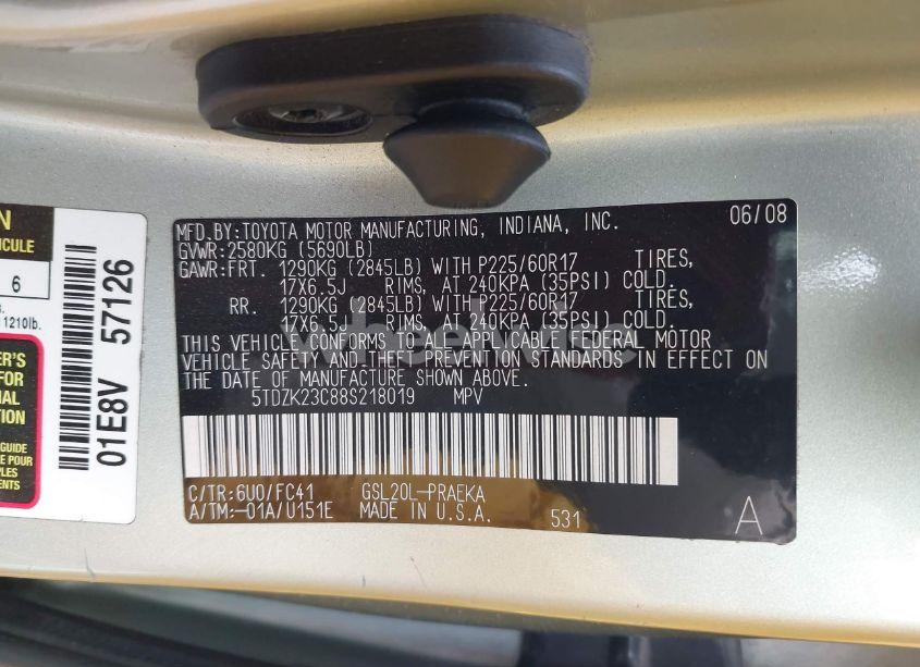Photo 9 of 2008 Toyota Sienna LE (VIN 5TDZK23C88S218019)