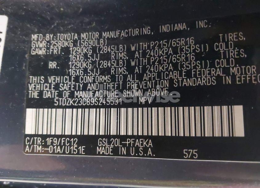 Photo 9 of 2009 Toyota Sienna LE (VIN 5TDZK23C89S245531)