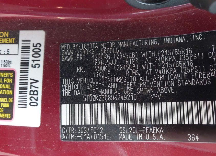 Photo 9 of 2009 Toyota Sienna LE (VIN 5TDZK23C89S249210)