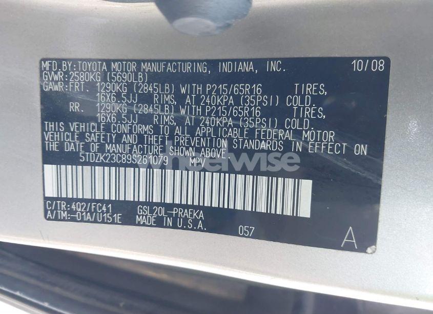 Photo 9 of 2009 Toyota Sienna LE (VIN 5TDZK23C89S261079)