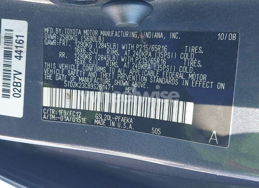 Photo 9 of 2009 Toyota Sienna LE (VIN 5TDZK23C89S261471)