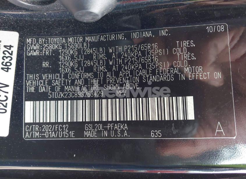 Photo 9 of 2009 Toyota Sienna LE (VIN 5TDZK23C89S263429)
