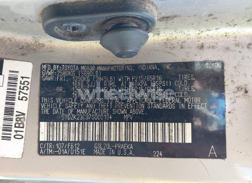 Photo 9 of 2007 Toyota Sienna CE (VIN 5TDZK23C97S000184)