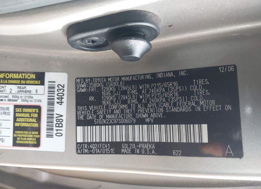 Photo 9 of 2007 Toyota Sienna LE (VIN 5TDZK23C97S006079)