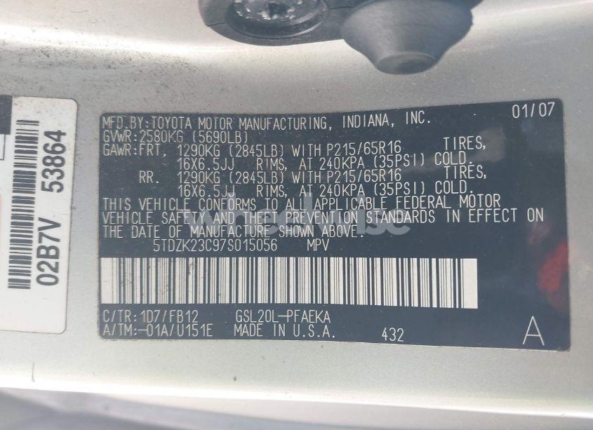 Photo 9 of 2007 Toyota Sienna CE (VIN 5TDZK23C97S015056)