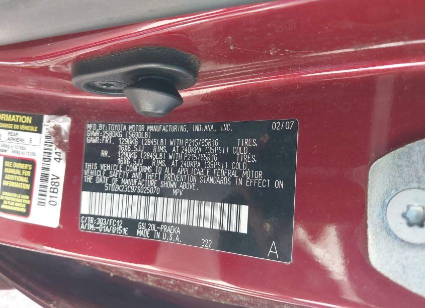 Photo 9 of 2007 Toyota Sienna LE (VIN 5TDZK23C97S025070)