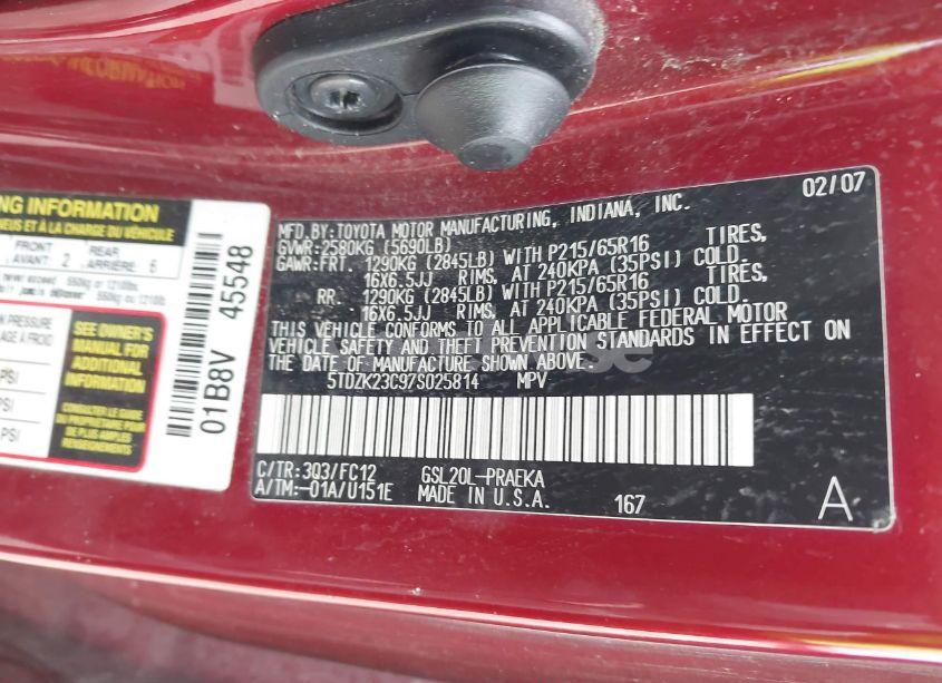 Photo 9 of 2007 Toyota Sienna LE (VIN 5TDZK23C97S025814)