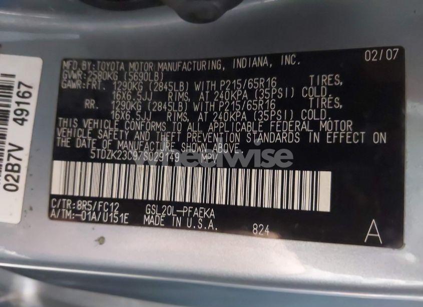 Photo 9 of 2007 Toyota Sienna LE (VIN 5TDZK23C97S029149)